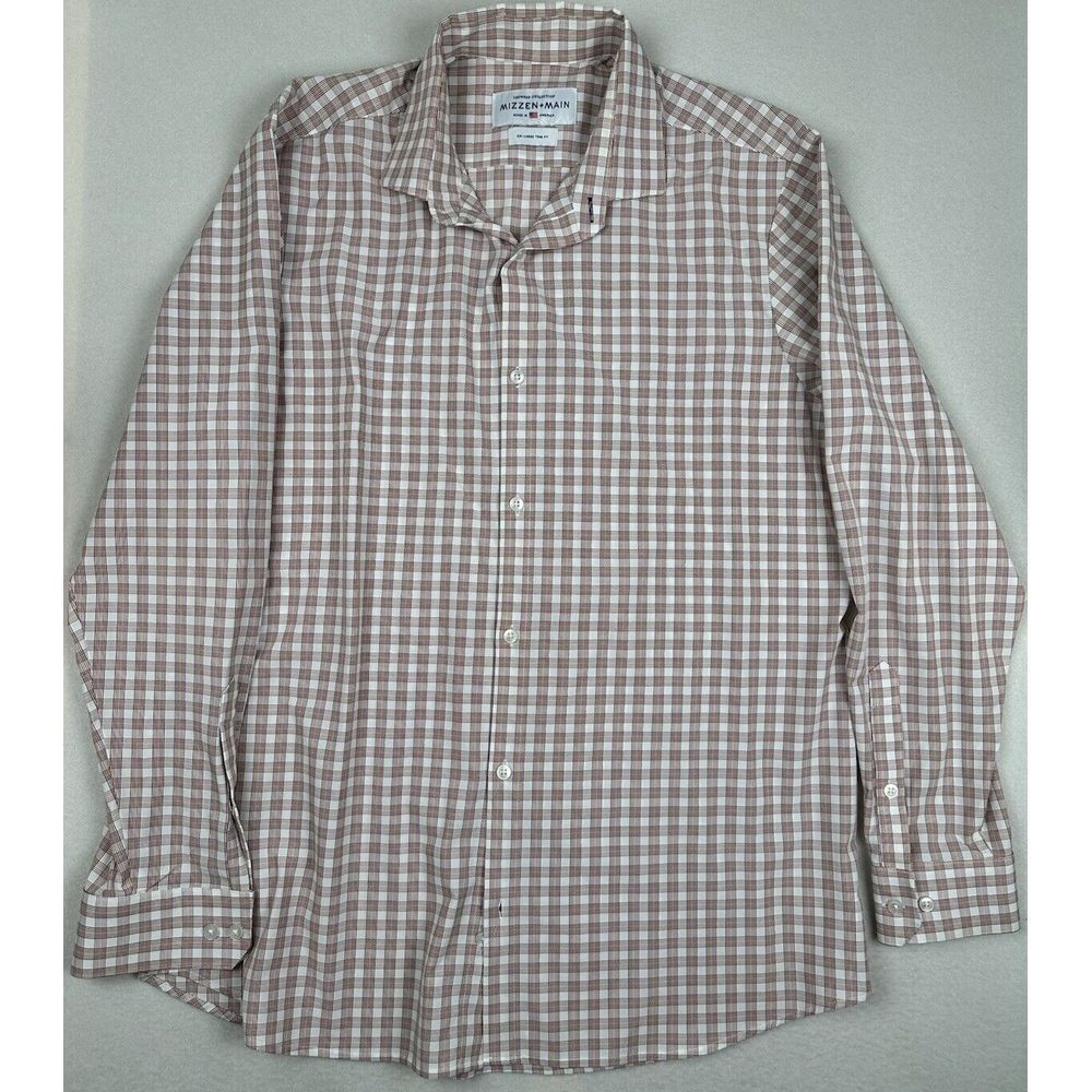 Mizzen+Main Shirt‎ Mens 2XL White & Red Checks Trim Fit Polyester Night Out EUC